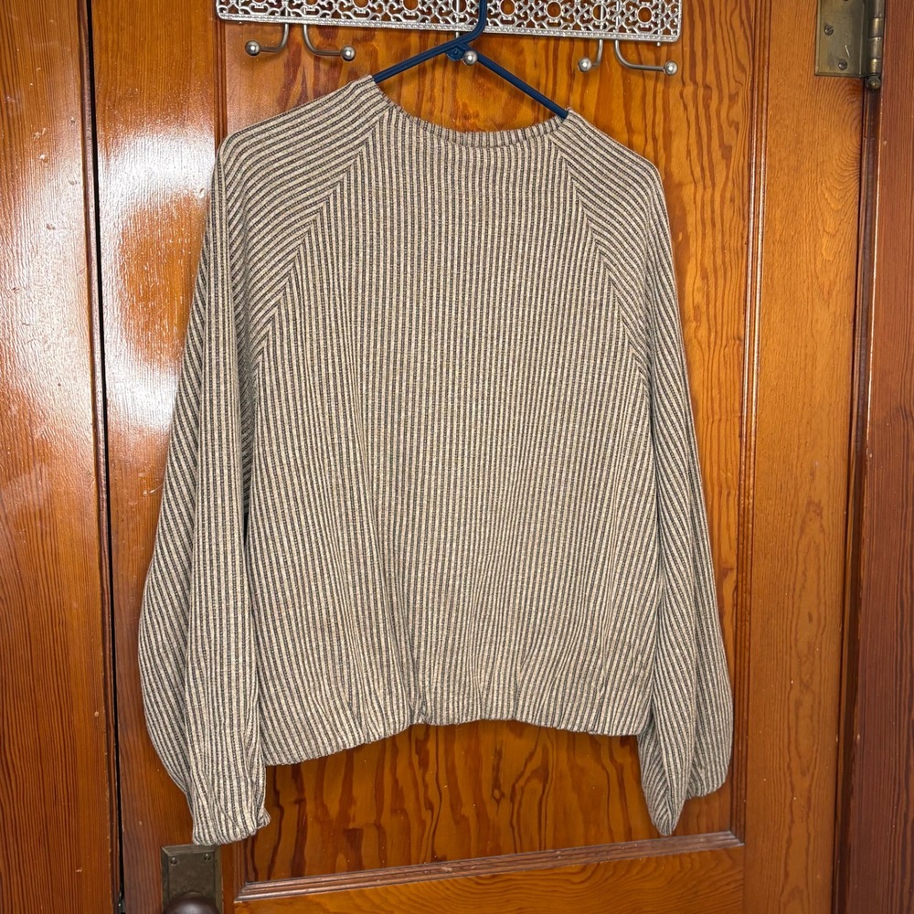 Hyfve Textured Stripe Blouse Womens L Tan Black Excellent Raglan Sleeve Top